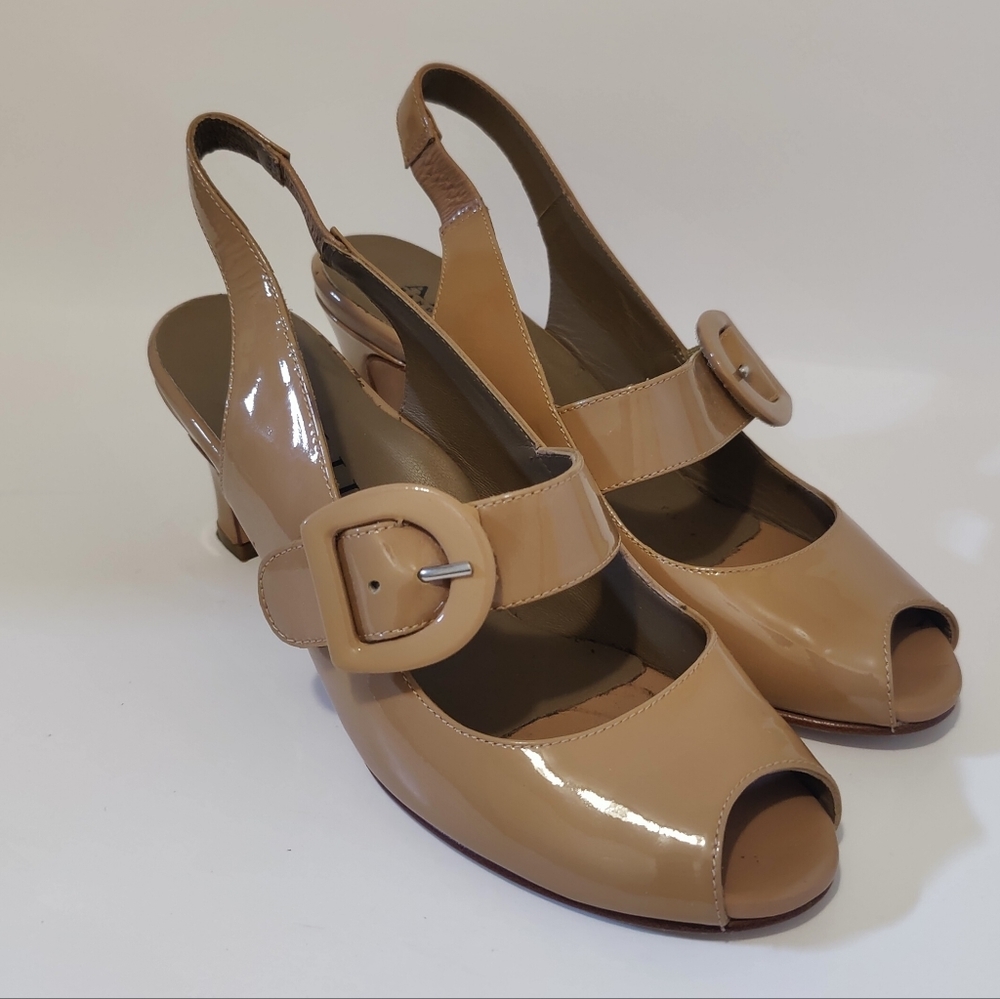 Anyi Lu Tulip Bisque Patent Leather Tan Pumps